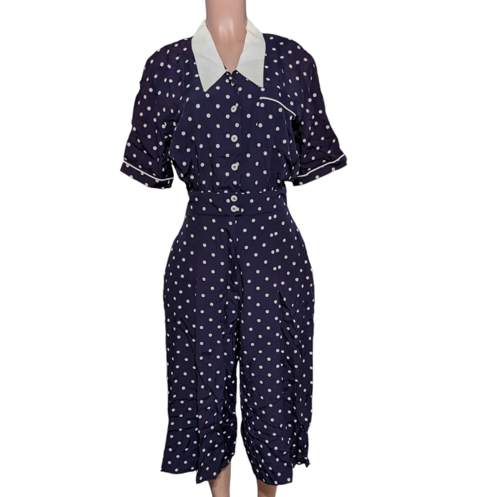 VINTAGE Unique polka dot romper jumpsuit dress with pockets NAVY 80s 50s